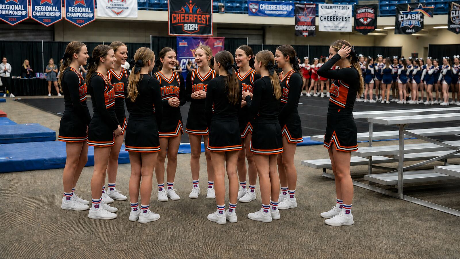Tigers cheerleading team wearing custom striped socks at the 2024 regional championships